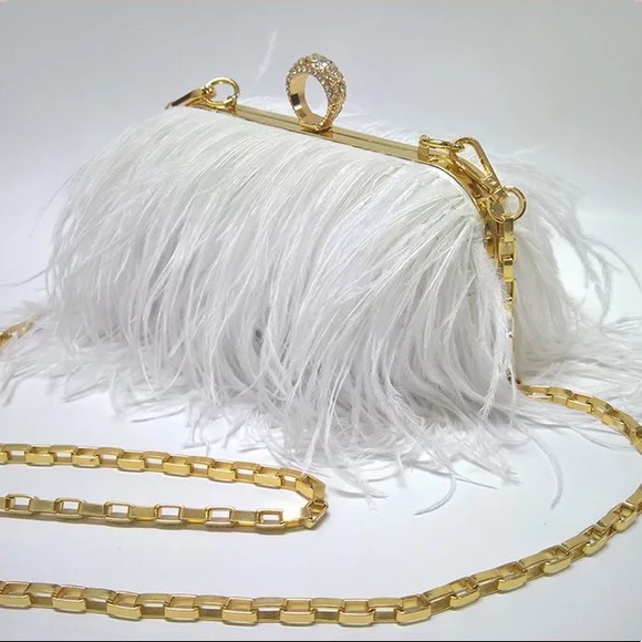 🌸 OSTRICH PURSE FEATHER HARD CLUTCH BAG BOHO CHIC DESIGNER ELITE HANDLE CHAIN - Picture 8 of 12